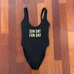 Black One-Piece Sunday Funday Swimsuit with Gold Print